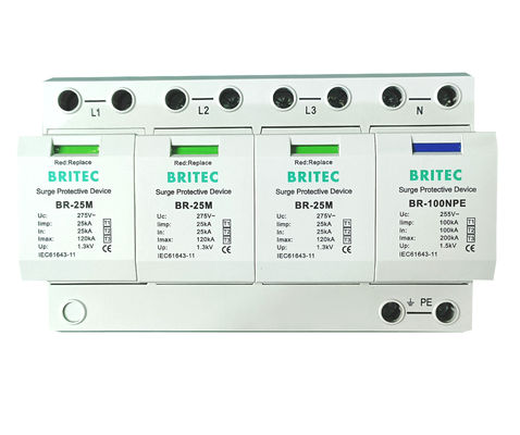 BRITEC BR-25M 3+1 Type 1 Overspanningsbeschermingsapparaat met 25kA Iimp Pluggable Module Type 1 Overspanningsbeschermer