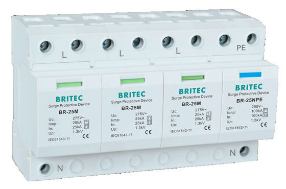 25kA T1+T2 overspanningsafleider op DIN-rail gemonteerde bliksembeveiliging voor laagspannings-AC-systemen