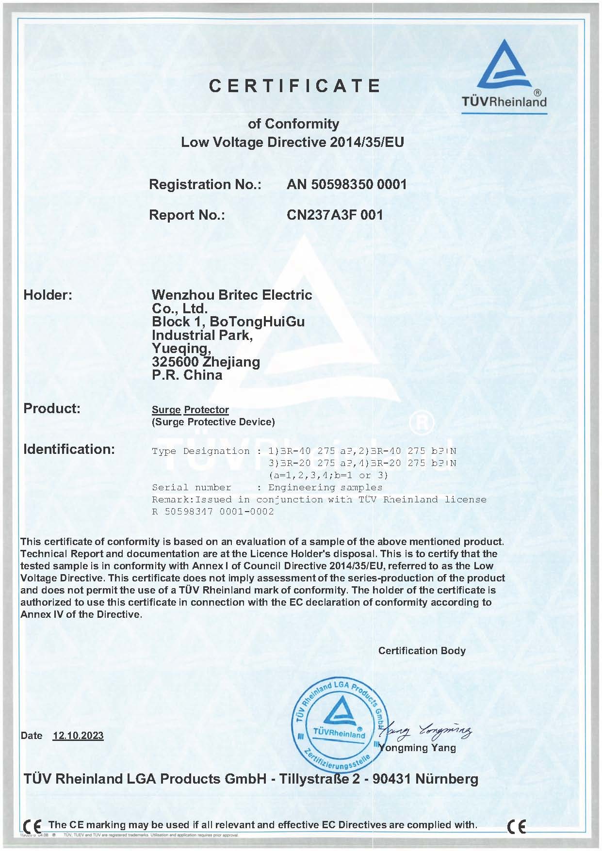 China Britec Electric Co., Ltd. Certificaten